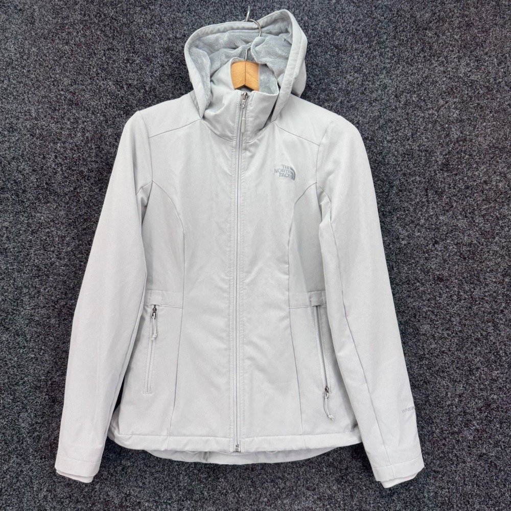 The North Face Womens Windwall Softshell Jacket Gray Hooded Fleece Lined Small